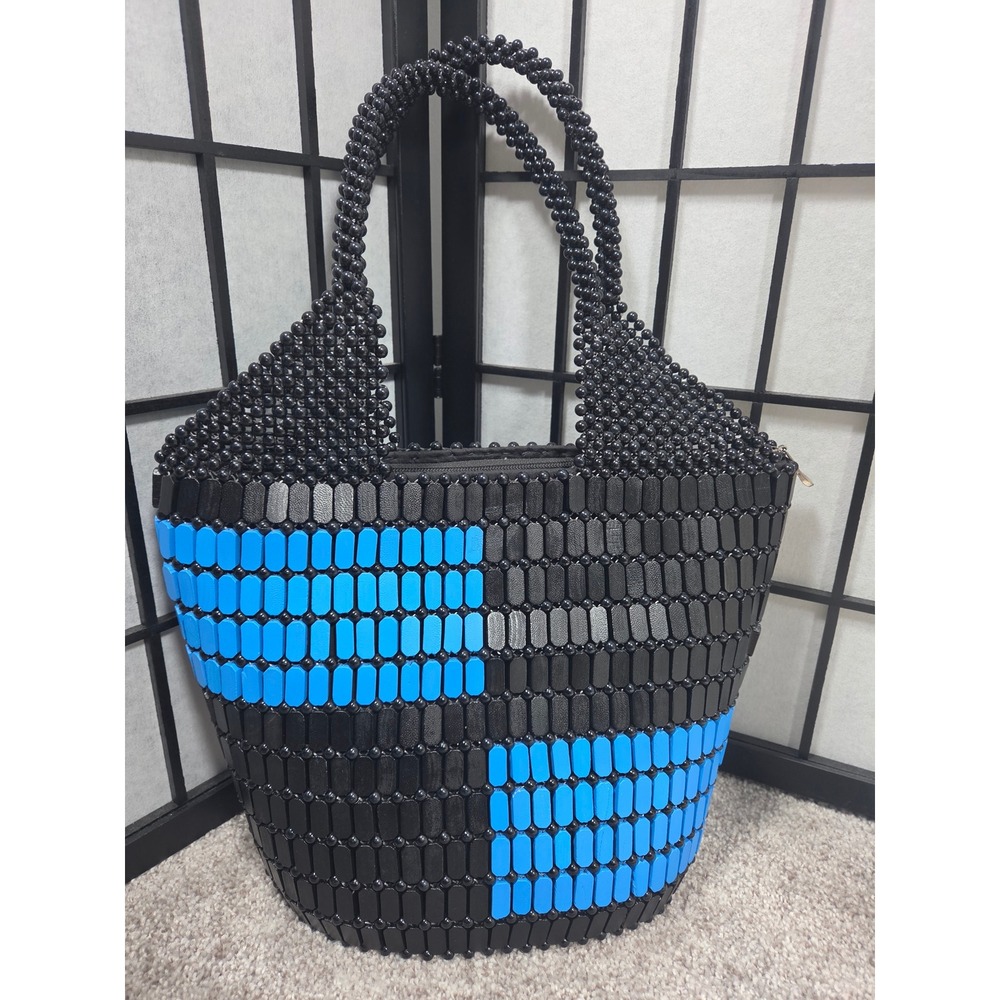 Handmade Wooden Bead Tote Bag Black Blue Colorblock Geometric Beaded Handbag